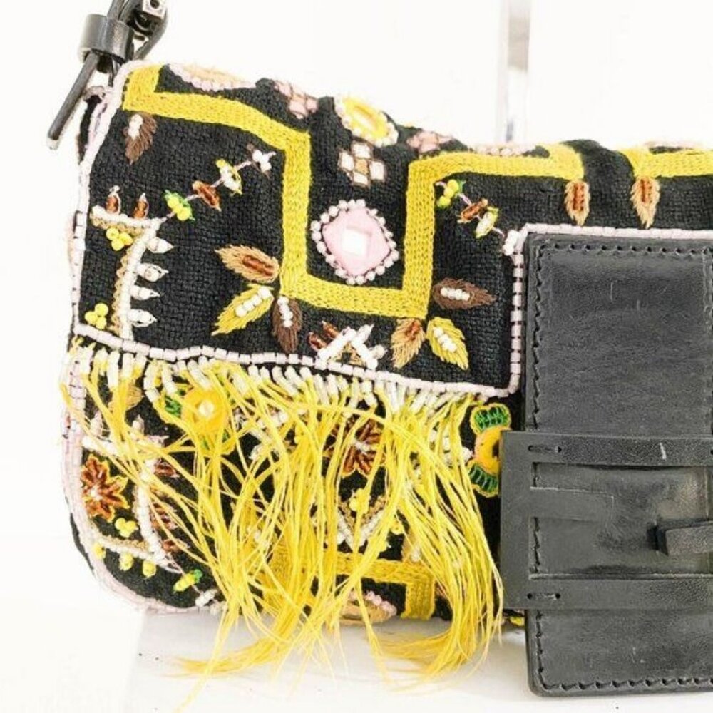 Authentic FENDI Mamma Baguette Beaded Fringe Mirror Shoulder Bag Bucket Hand Bag - Picture 3 of 16